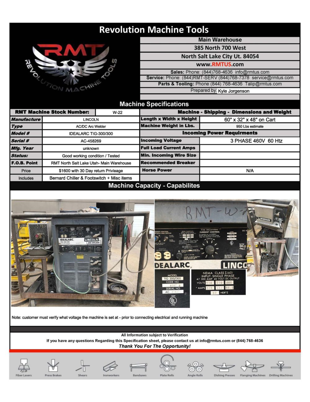 W22 Lincoln Idealarc Tig 300 300 RMT Revolution Machine Tools™