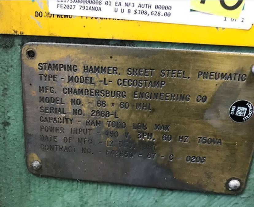 1987 Cecostamp Drop Hammer Model L 66 x 60 with 88" stroke Ram Capacity 7000 Lbs